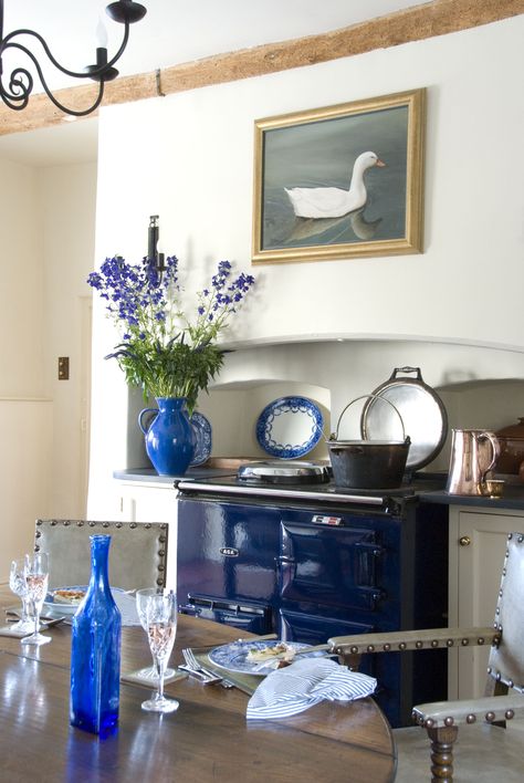 Blue Aga Kitchen, Schoolhouse Kitchen, Blue Aga, Aga Kitchen, Diner Ideas, Aga Cooker, Dining Corner, Blue Interiors, Patterdale Terrier