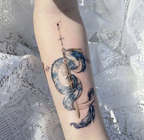 Blue Ink Dragon Tattoo, Porcelain Dragon Tattoo, Water Dragon Tattoo For Women, Gumiho Tattoo, Dragon Tattoo Black, Water Dragon Tattoo, Watercolor Dragon Tattoo, Dj Tattoo, Dragon Thigh Tattoo