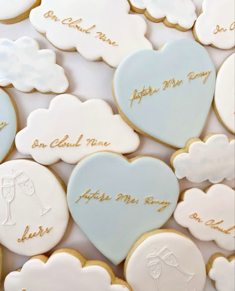 On Cloud 9 Bachelorette Theme, On Cloud 9 Bachelorette, Backyard Engagement Parties, Engagement Party Themes, Bridal Cookies, Custom Sugar Cookies, Bachelorette Theme, Cloud Theme, Bridal Shower Inspo