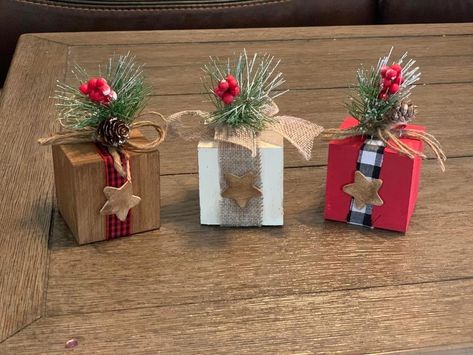 Dollar Tree Wood Cube Crafts, Christmas Blocks Wooden Diy, Wooden Cube Crafts, Jenga Crafts, Tiered Shelves, Craft Christmas Presents, Christmas Diy Wood, Fall Decor Diy Crafts, Jenga Blocks