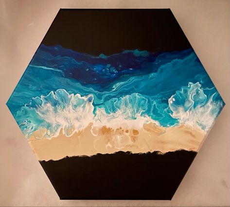 I really loved working on this hexagon shaped canvas using a Dutch Pour style blow-out. The ocean/beach scene looks so amazing on it and with black negative space that makes it just stand out. Here is my video link if you want to watch it be created 💙 Octagon Canvas Painting Ideas, Hexagon Painting Canvas, Hexagon Canvas Painting Ideas, Hexagon Painting, Bible Painting, Hexagon Canvas, Cornhole Designs, Canvas Abstract Art, Painting Stuff