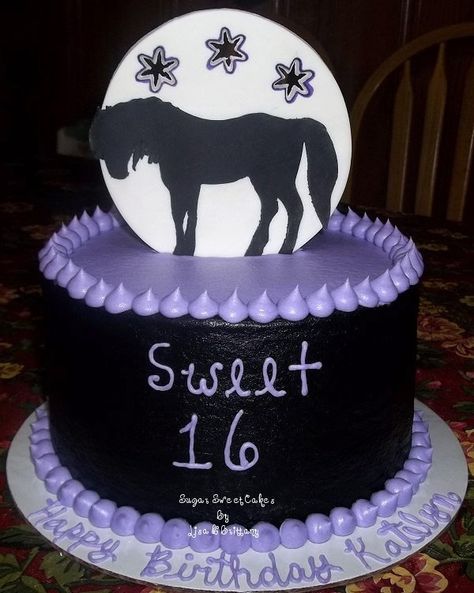 Horse Sweet 16 - We made this cake for a girl who loves horses. 3 layer, 8" chocolate cake with german chocolate filling, home made buttercream frosting. The horse topper was made out of gum paste/fondant. Thanks to justsweet for the horse pattern.TFL! German Chocolate Filling, Horse Cake Ideas, Sweet 16 Cake Ideas, Love Cake Design, Sky Cake, Horse Cakes, Sweet 16 Pictures, 8th Birthday Cake, Sweet 16 Themes