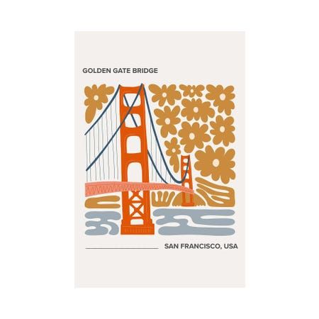 Golden Gate Bridge - San Francisco, California, Warm Colours Illustration Travel Poster by Mambo Art Studio arrives ready to hang, with hanging accessories included and no additional framing required. Every canvas print is hand-crafted in the USA, made on-demand at iCanvas, and expertly stretched around 100% North American Pine wood stretcher bars. Illustration Travel, San Francisco Golden Gate Bridge, Warm Colours, San Francisco Travel, Mambo, Home Wall Art, Golden Gate Bridge, Travel Poster, Golden Gate