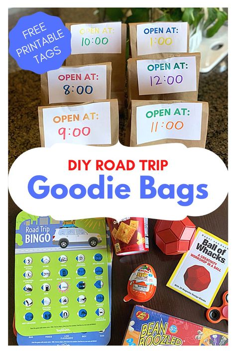 Road Trip Hourly Bags, Kids Roadtrip Activites, Road Trip Countdown For Kids, Car Travel Essentials Road Trips, Road Trip Goodie Bags For Kids, Road Trip Surprise Bags, Road Trip Basket Ideas, Road Trip Entertainment For Teens, Roadtrip Games For Kids Long Car Rides