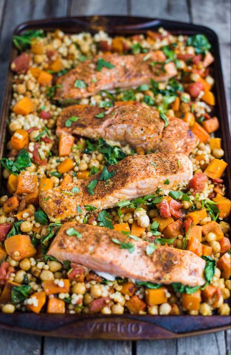 One Pan Salmon and Squash with Couscous | Food with Feeling One Pan Salmon, Salmon Couscous, Chicken With Couscous, Rice And Black Beans, Jerk Shrimp, Pan Salmon, Shrimp Rice, Moroccan Chicken, Couscous Recipes