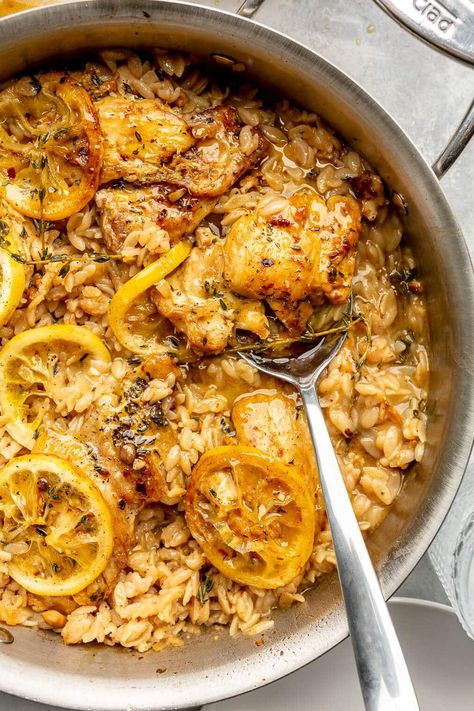 One Skillet Lemon Chicken Orzo - Fed & Fit One Skillet Crispy Chicken Thighs & Creamy Lemon Garlic Orzo, Paprika Lemon Chicken Orzo, Dinners With Lemon, Chicken Lemon Orzo Pasta, Lemon Pepper Chicken With Orzo, Orzo Chicken Thigh Recipes, Orzo Chicken One Pot, Lemon Chicken Orzo Recipes, Easy Summer Supper Ideas