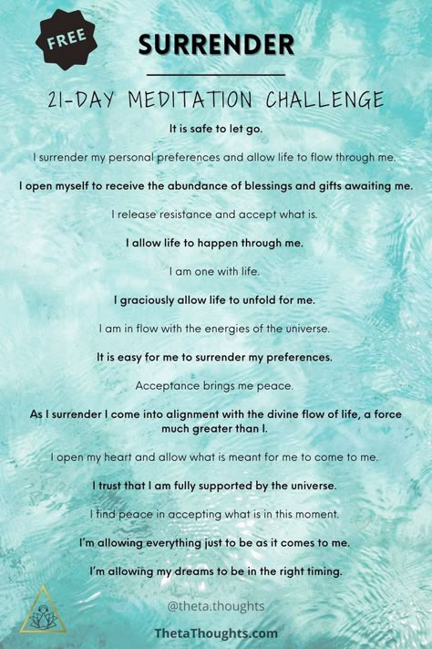 Soften into surrender and allow your desires to flow to you with this powerful 21 day meditation challenge! What if life has more to offer you than you can grab on your own? Use this affirmation meditation to surrender your preferences of like and dislike and allow a force much greater than you- life itself- to guide you! When you surrender your preferences and allow life to flow through you, you become a magnet for attracting more magic and miracles. How To Surrender To The Universe, Surrender Affirmations, Bed Affirmations, Affirmation Meditation, Meditation Challenge, Soul Energy, Meditation Scripts, Universal Consciousness, Wealth Dna