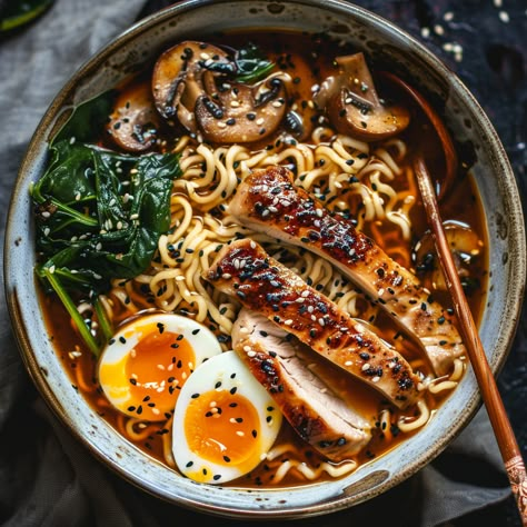 A flavorful and comforting bowl of ramen with tender miso-marinated chicken. Japanese Ramen Chicken, Miso Chicken And Noodles, Miso Pork Ramen, Miso Chicken Soup, Chicken Miso Soup, Chicken Miso Ramen Recipe, Chicken Ramen Recipes, Black Garlic Ramen, Chicken Ramen Bowl