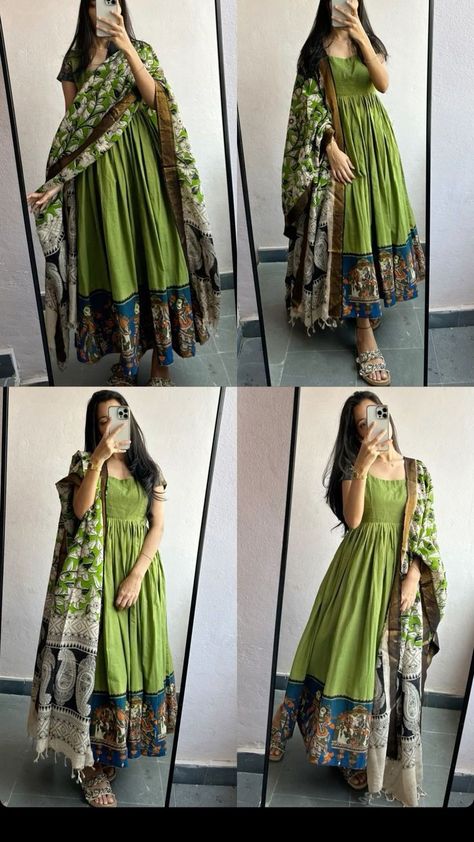 Cotton Umbrella Kurti Design, Green Colour Dress Design, Umbrella Frocks For Women, Kalamkari Long Frocks Models, Umbrella Dress Design Ideas, Umbrella Kurti Design From Saree, Umbrella Kurti Design, Dress Designs For Stitching, Kalamkari Dresses