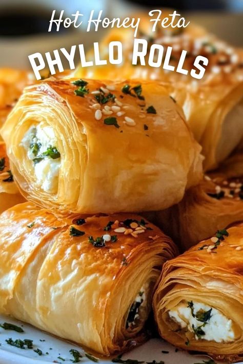 Breakfast Recipes: Hot Honey Feta Phyllo Rolls Phyllo Goat Cheese Appetizers, Feta And Phyllo, Hot Honey And Feta Filo Bites, Baked Feta Phyllo, Phyllo Pinwheel Appetizers, Phyllo Pizza Rolls, Phyllo Dough Roll Ups, Phyllo Dough Brie Recipes, Phyllo Puff Pastry Recipes