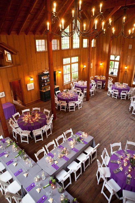 oh I kind of like this - head table and wedding party tables with different table clothes than the rest of the tables... Thanksgiving Table Settings Rustic, Rustic Purple Wedding, Purple Wedding Tables, Thanksgiving Dinner Table Decorations, Thanksgiving Table Settings Simple, Wedding Reception Seating, Wedding Reception Table Decorations, Barn Wedding Reception, Reception Table Decorations