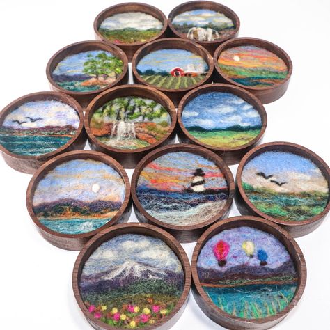 Mini Wool Landscape Painting, Needle Felted Fiber Art, Moon Lake 2 oval 2x3 Wood Frame - Etsy Needle Felting Pictures Wall Hangings, Flat Needle Felting Ideas, Needle Felted Paintings, Needle Felt Painting, Needle Felted Pictures, Needle Felted Landscapes, Flat Felting, Wool Landscape, 2d Needle Felting