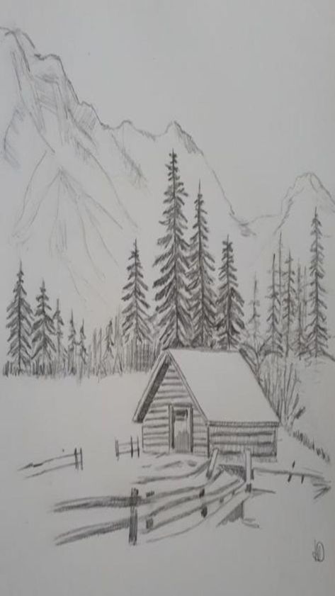 Easy Drawings Of Nature Sketch, Winter Drawing Ideas Sketch Easy, Winter Sketches Pencil, Winter Landscape Drawing Easy, Landscape Sketch Pencil Nature, Pencil Sketches Landscape Easy, Drawing Landscapes Pencil, Winter Drawing Ideas Sketch, Mountain Drawing Sketches