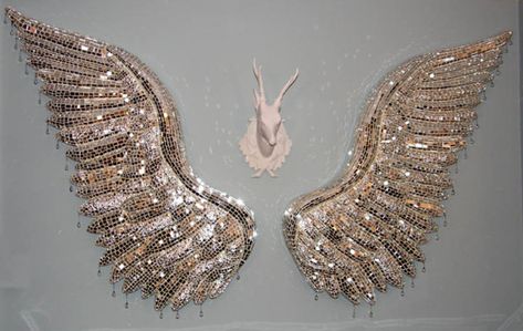 Project: Two large sculptural Silver Wings Dimensions: each wing  approx. 42″L x 22″W Materials: Particle board, foam insulation, various mirrored glasses, glass rain drops, constructio… Make Angel Wings, Ali D'angelo, Angel Wings Decor, Angel Wings Wall Art, Diy Angel Wings, Angel Wings Wall Decor, Angel Wings Art, Diy Angels, Diy Wings