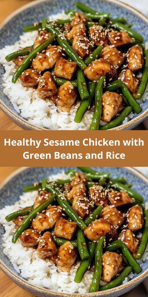 Healthy Sesame Chicken with green beans and rice – a quick, easy, and delicious dinner made with lean chicken breast, coconut aminos, and a flavorful sesame garlic sauce. This low-carb, gluten-free recipe is packed with Protein Veggies Meals, Healthy Quick Weeknight Dinners, Healthy Dinners With Rice, Healthy Lunch With Protein, Green Bean Dinner Ideas, Healthy Dinner And Lunch Ideas, Healthy Lactose Free Recipes, Cholesterol Healthy Meals, Healthy Tasty Chicken Recipes