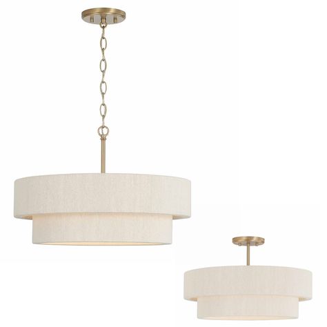 Casual chic meets all-around luxury with the Delaney Dual Mount Pendant. Whether hung as a pendant or a semi-flush, the warm Matte Brass complements the two tiers of Bleached Natural Rope to bring elevated designer style to any space. Kitchen Table Light Fixtures, Entryway Light Fixtures, Kitchen Table Lighting, Luxury Nursery, Rope Lamp, Camino Real, Pendant Lighting Bedroom, Entryway Lighting, Lake Decor