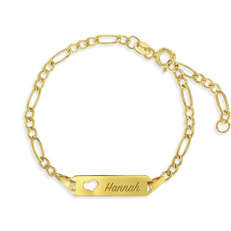 PRICES MAY VARY. DETAILS: This ID tag bracelet is beautifully crafted with 14k gold Figaro style link chains. A fun and fashionable tag bracelet uniquely designed for children and babies. Perfect jewelry for your child's everyday wear or for any special occasion. Its small size and delicate design will be attractive for everyone's eyes. Your children will know how much you love them every time they wear it. Customize with their names for them to wear for all of their adventures ahead. (Ages 6mo Teen Necklaces, Teen Earrings, Baby Necklace, Teen Jewelry, Baby Earrings, Kids Rings, Heart Tag, Kids Bracelets, Baby Bracelet