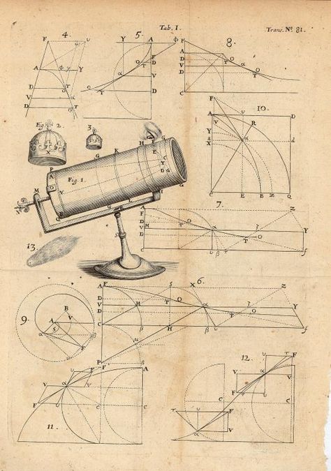 Isaac Newton's new Catadioptrical Telescope. From New York Public Library Digital Collections. Vintage Astronomy Prints, Physics And Mathematics, Royal Society, Isaac Newton, Wallpaper Vintage, Vintage Poster Art, Telescopes, Astronomer, Space And Astronomy