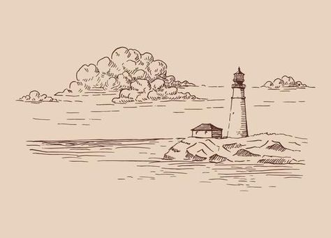 Yachts on sea. Hand drawn nautical seascape with lighthouse and pier 13215859 Vector Art at Vecteezy Light House Drawing Sketches, Nautical Drawings, Lighthouse Project, Lighthouse Sketch, Lighthouse Drawing, Fineliner Art, Minimalist Drawing, Art Diary, Hand Drawn Illustration