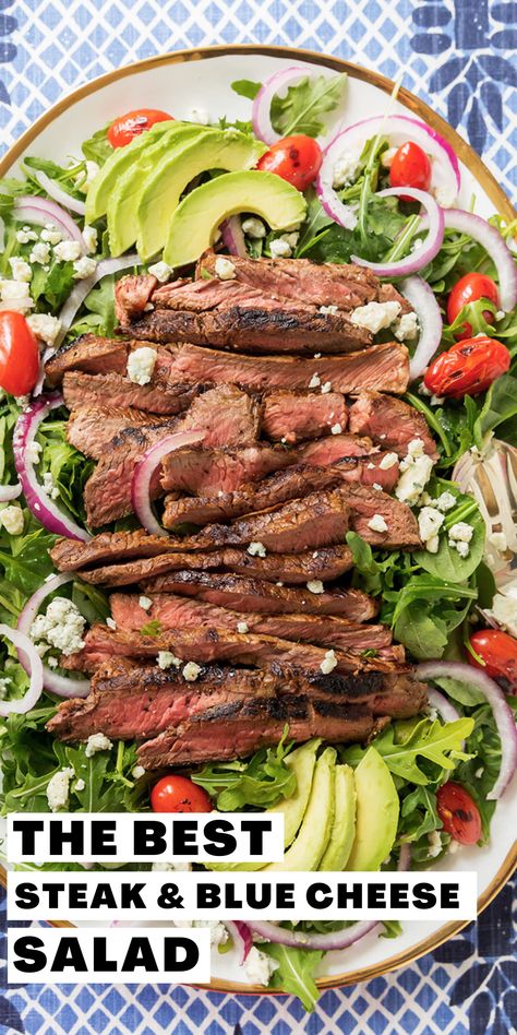 Black And Blue Steak, Sliced Steak Recipes, Beef Top Sirloin Steak, Blue Steak, Steak Salad Recipe, Sirloin Steak Recipes, Steak With Blue Cheese, Blue Cheese Recipes, Spring Mix Salad