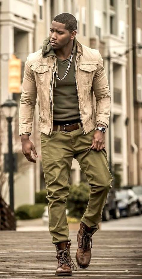 Archeologist Outfits, Olive Chinos, Olive Hoodie, Black Men Fashion Casual, Black Men Fashion Swag, Mens Boots Casual, Grown Man, Men Fashion Casual, Black Men Fashion