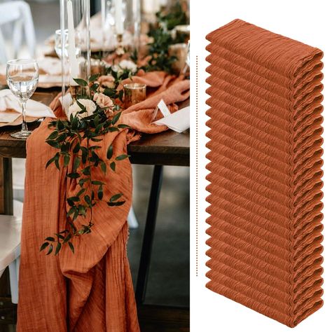 PRICES MAY VARY. 👑【Product Included】: You will receive 24 pcs terracotta cheesecloth gauze table runners. Product size: 35 inches wide and 120 inches long, suitable for round or square tables that can accommodate 8-10 people. Perfect for romantic and elegant party events. 👑【Premium Material】: 100% natural cheesecloth fabric. Soft to the touch, durable and reusable, the edge of the table runner is locked with delicate stitching, not easy to fall off, and full of beauty. Cheesecloth gauze table Diy Cheesecloth Table Runner, Table Runner Decor Ideas, Simple Fall Wedding Table, Fall Wedding Tables Cheese Cloth, Fall Gala Decorations, Terracotta Rust Wedding, Wedding Centerpieces Boho, Orange Cheesecloth Table Runner, Orange Table Runner