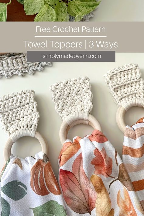 three crochet towel holders displayed on a table with fall inspired towels Crochet Boho Decor Ideas, Kitchen Towel Hangers, Crocheted Hand Towels Free Pattern, Kitchen Towel Topper Crochet, Very Beginner Crochet, Easy Crochet Projects Free Simple, Crochet Towel Holders Kitchen Towels, Crocheted Kitchen Towel Holders, Crocheted Towel Holders Free Pattern