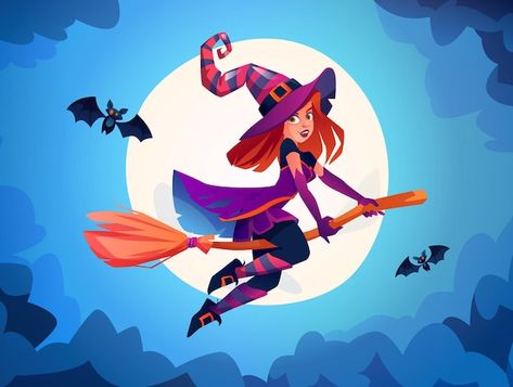 Full Moon Light, Witch Flying On Broom, Ride Drawing, Full Moon Halloween, Flying Broomstick, Witch Broomstick, Cartoon Witch, Witches Broomsticks, Witch Flying