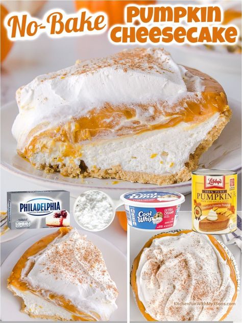 It doesn't get any better than this incredible No Bake Pumpkin Cheesecake. Easy and delicious, this is a must make Fall dessert. The perfect pumpkin flavor with a creamy topping, you need to make this dessert tonight. No Bake Pumpkin Pie Cheesecake, Cheesecake Pumpkin Pie, Pumpkin Pecan Pie Recipe, Cheesecake Pumpkin, No Bake Pumpkin, No Bake Pumpkin Cheesecake, Frozen Pumpkin, Pumpkin Pie Cheesecake, Pumpkin Cheesecake Recipes