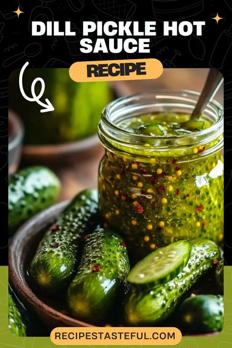 This tangy, spicy Dill Pickle Hot Sauce combines the heat of jalapeno and serrano peppers with the zesty flavor of dill pickles. Perfect for adding a burst of flavor to tacos, sandwiches, dips, or grilled meats, this homemade sauce offers the ideal balance of heat and pickle tang, enhanced by the fermentation process. Diy Pickles Dill, Dill Pickle Hot Sauce Recipe, Dill Pickle Hot Sauce, Dill Pickle Salsa, Sour Dill Pickle Recipe, Sweet Mustard Pickles Recipe, Pickle Hot Sauce, Fermented Jalapenos, Habanero Pickles