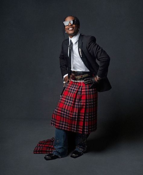 Long Tartan Skirt, Great Gatsby Outfit, Asap Rocky Outfits, Mark Seliger, Gucci Skirt, Skirt Streetwear, Pants Outfit Men, Tartan Skirt, High Fashion Photography