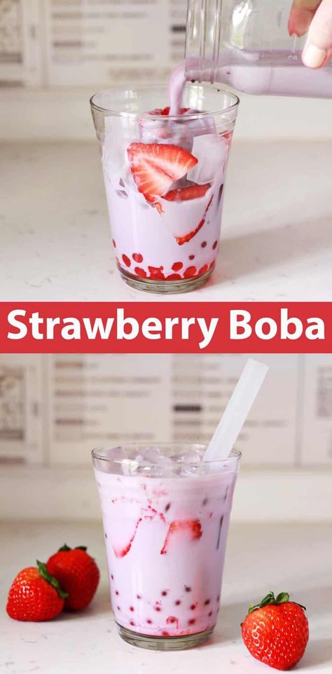 Strawberry Boba - A Beautiful Mess Strawberry Boba Tea Recipe, Strawberry Bubble Tea Recipe, Strawberry Boba, Boba Bar, Boba Recipe, Boba Tea Recipe, Bubble Tea Recipe, Tea Drink Recipes, Boba Pearls