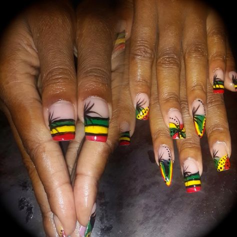 Ghana Inspired Nails, Ghana Nails, Jamaica Nail Ideas, Jamaican Inspired Nails, Pan African Nails, Jamaican Style Nails, Jamaican Nails, Raggae Nails, Rasta Nails Design