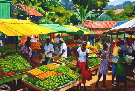 Caribbean Art Market Scene - Buying Provisions, Fruits and Vegetables in St Lucia, West Indies Gift by WestIndiesArtCo on Etsy Caribbean Wall Art, Caribbean Art West Indies, West Indies Art, Jamaica Art, Market Scene, Africa Art Design, Caribbean Art, Sophisticated Decor, Africa Art