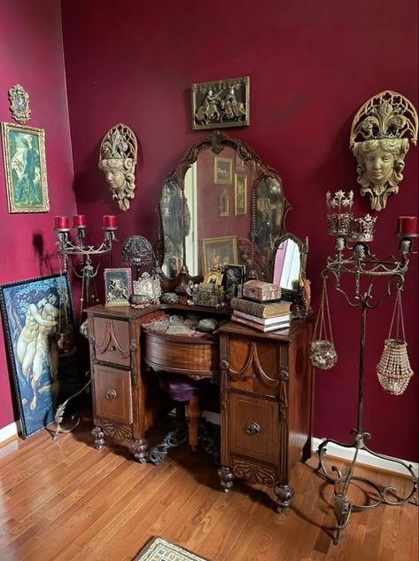 Red Whimsigoth Bedroom, Victorian Room Design, Red Gothic Room, Whimsigoth Table, Rockabilly Bedroom, Spooky Room Aesthetic, Red Whimsigoth, Sultry Bedroom, Whimsigoth Bedroom