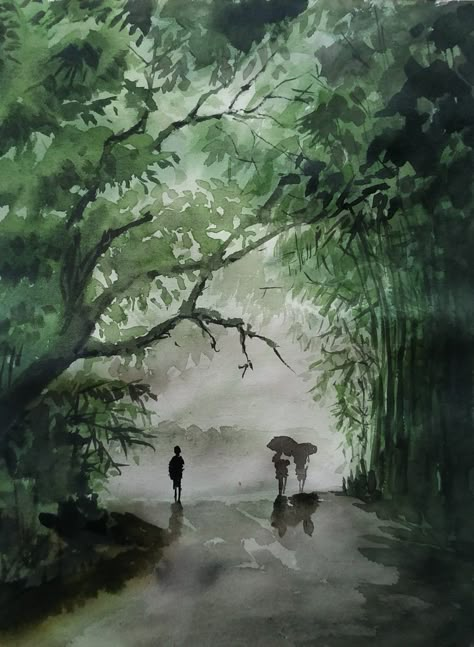 Rainy Day Sketch Drawing, Rainy Forest Drawing, Rain Drawing Sketches Rainy Days, Rainy Watercolor Painting, Monsoon Painting Rainy Days, Rainy Scenery Drawing, Rainy Day Drawing Watercolors, Rainy Forest Painting, Rainy Day Watercolor Painting