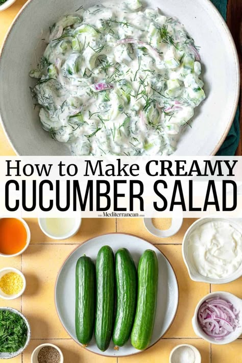 In this creamy cucumber salad, crispy cucumbers are mixed with a garlicky Greek yogurt and dill dressing. Serve this cooling salad on a hot day or alongside dishes with a bit of a kick! Mediterranean Cucumber Recipes, Italian Cucumber Salad Recipes, Creamy Cucumber Tomato Salad Greek Yogurt, Dill And Mint Recipes, Arabic Cucumber Salad, Cucumber Greek Yogurt Salad, Creamy Cucumber Salad With Greek Yogurt, Taziki Cucumber Salad, Cucumber Salad Without Dill