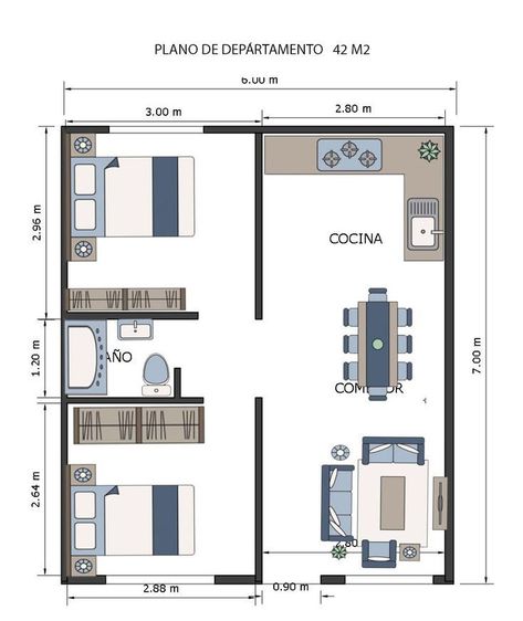 42 M2 Apartment, Loft Style Floor Plans, Small Apartment Plan, Small House Design Floor Plan, Small Apartment Building Design, Small Apartment Plans, Small House Blueprints, Small Apartment Building, Small Cottage House Plans