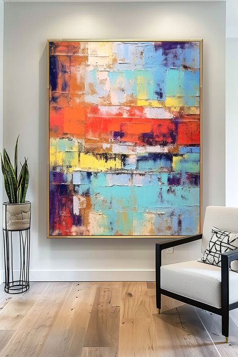 Vibrant abstract landscape painting with bold blue, orange, and yellow brushstrokes creating a dynamic colorful composition Abstract Landscape Painting, Handmade Artwork, Colorful Wall Art, Colorful Abstract, Color Theory, Landscape Painting, Abstract Landscape, Brush Strokes, Landscape Paintings