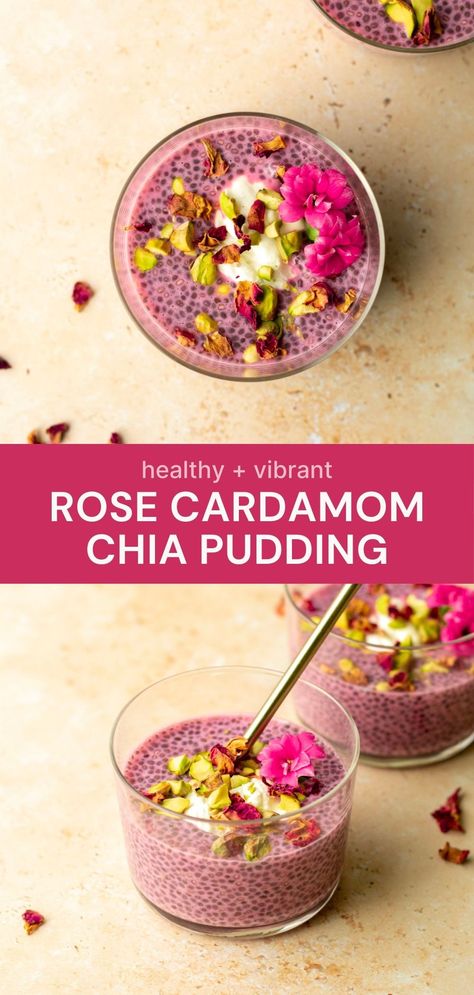 Rose Chia Pudding, Rose Chia Seed Pudding, Cardamom Rice Pudding, Beet Chia Pudding, Healthy Dessert Bowls, Chia Greek Yogurt Pudding, Pomegranate Chia Pudding, Chia Dessert Recipes, Christmas Chia Pudding