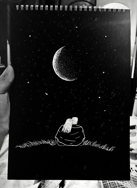 Setting under the night sky , fly me to the moon 🌙 Black Sheet Painting Ideas, Night Sky Pen Drawing, Fly Me To The Moon Drawing, How To Draw A Starry Night Sky, Night Sky Sketch Pencil, Night Sketches Pencil, Black Sheet Painting, Looking At The Stars Drawing, Moon On Black Paper