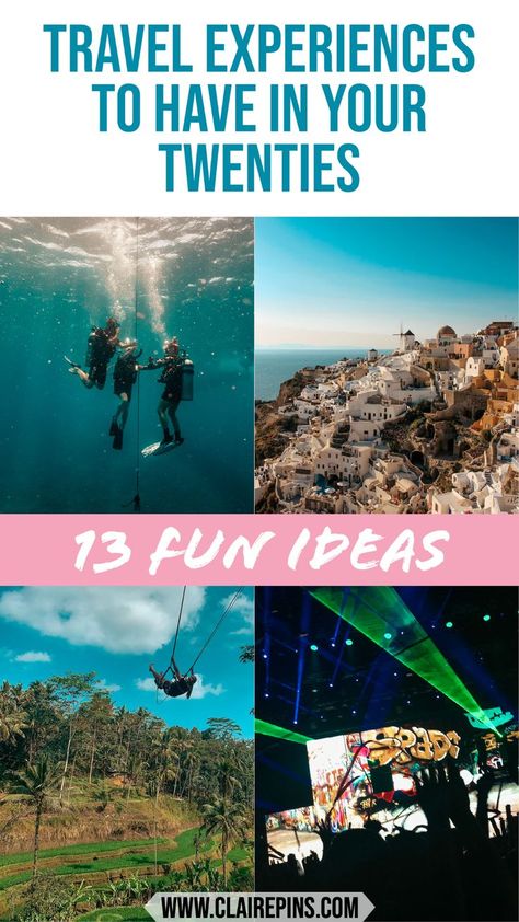 Travel experiences to have in your twenties illustrated with people sub diving, attending a concert, a jungle swing in Bali and a view of a white village on Santorini in Greece. Travelling In Your 20s, 20s Aesthetic, In Your Twenties, Your Twenties, Your 20s, 22 Years Old, Travel The World, Travel Alone, 24 Years Old