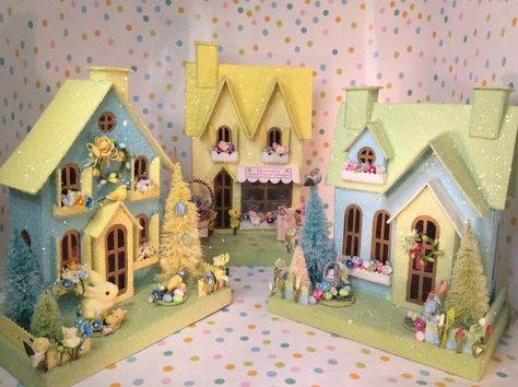 Easter Houses, Easter Village, Bottlebrush Trees, Cardboard Christmas, Glitter House, Cardboard Houses, Rabbit Houses, Putz House, Christmas Houses