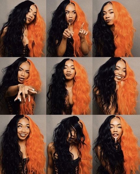 Orange and Black Halloween Hair or New Fall Look Half Orange Half Black Half And Half Hair, Split Dyed Hair, Color Boards, Hair Streaks, Split Hair, Halloween Hair, Hair Dye Colors, Orange Hair, Hair Inspo Color