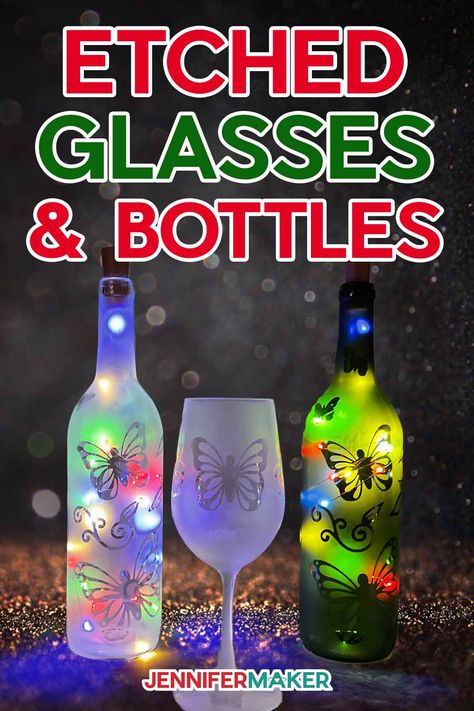 Pinterest link for etched wine glasses and a bottle with lights from a JenniferMaker tutorial. Etch Wine Glass Ideas, Etched Wine Bottles, Cute Wine Glasses Sayings, Christmas Hamper Ideas Homemade, Etching Glassware Diy, Wedding Champagne Bottles, Glass Etching Diy, Cute Wine Glasses, Bottle With Lights