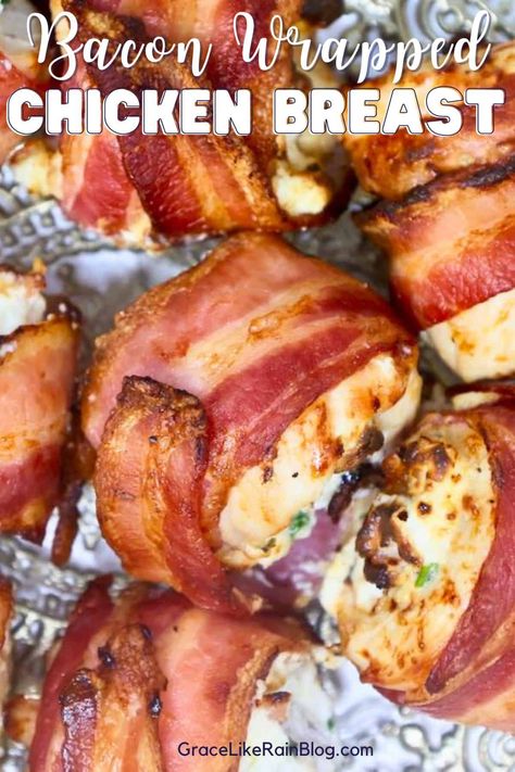 Air Fryer Bacon Wrapped Stuffed Chicken Breast - Grace Like Rain Blog Bacon Wrapped Chicken Air Fryer Recipes, Bacon Wrapped Chicken Air Fryer, Air Fryer Stuffed Chicken Breast, Bacon Wrapped Stuffed Chicken Breast, Air Fryer Bacon Wrapped Chicken, Stovetop Appetizers, Bacon Wrapped Stuffed Chicken, Chicken Breast With Bacon, Bacon Wrapped Chicken Breast