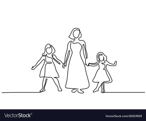 Mom And Two Daughters Drawing, Mama And Daughter, Drawing 101, Drawing Happy, Birthday 2023, Single Line Drawing, Mother Art, Minimalist Drawing, Happy Woman