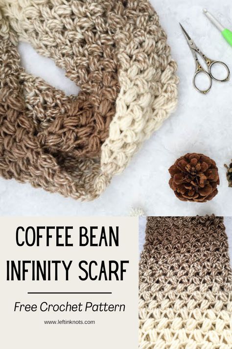 Crochet Bean Stitch Scarf, Coffee Bean Stitch Crochet, Bean Stitch Scarf, 1 Skein Crochet Infinity Scarf Free Pattern, Crochet Pattern Infinity Scarf, Medium 4 Yarn Crochet Pattern, Fast Crochet Scarf Pattern Free, Fast Scarf Crochet Pattern, Infinity Crochet Scarf Pattern Free