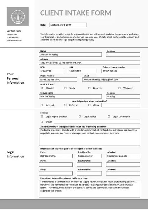 Client Intake Form Law Firm Examples Client Intake Form, Intake Form, Form Example, Law Firm, How To Use