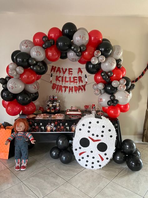 Diy Horror Birthday Party, Which Theme Halloween Party, 28 Theme Birthday, Friday The 13 Decorations, Halloween Horror Birthday Party, Jason Party Theme, Halloween Horror Movie Party, Horror First Birthday, Jason Themed Halloween Party